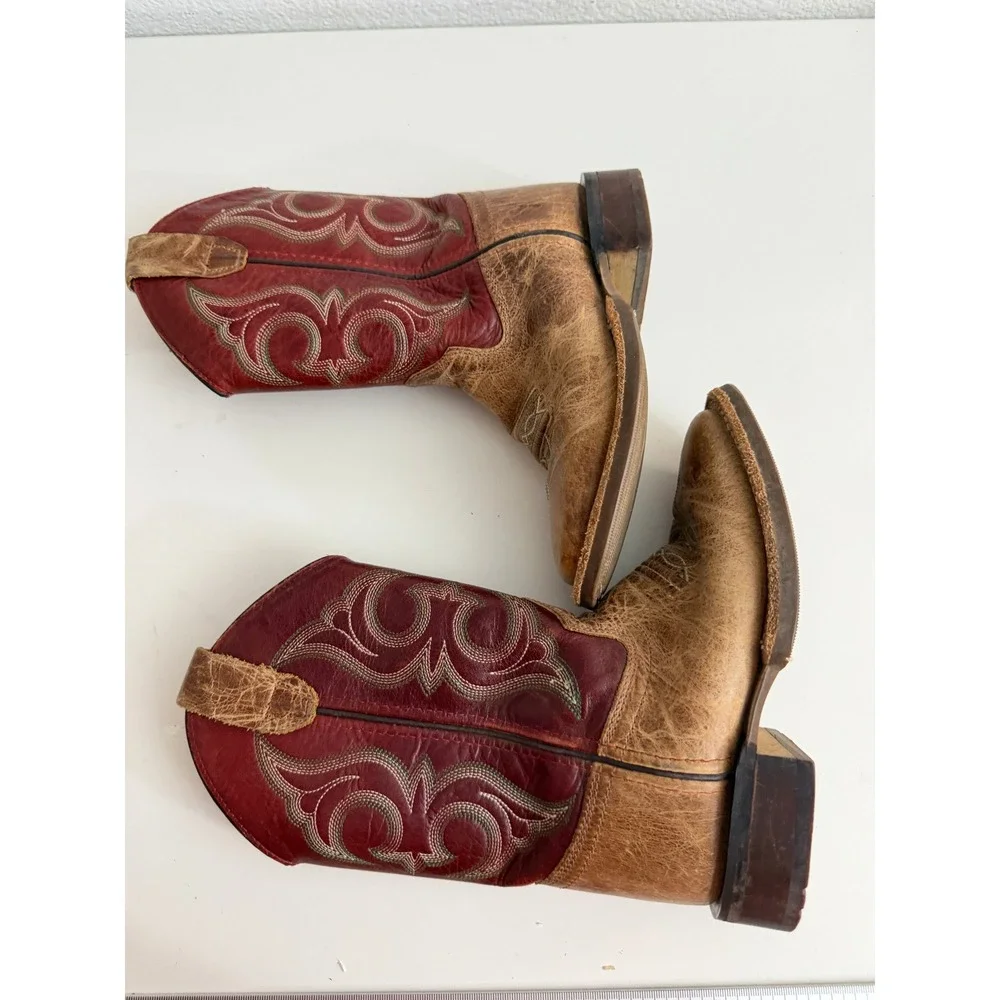 Old West BSC1941 Kids Western Cowboy Boots Tan Red Leather Square Toe 12.5 D